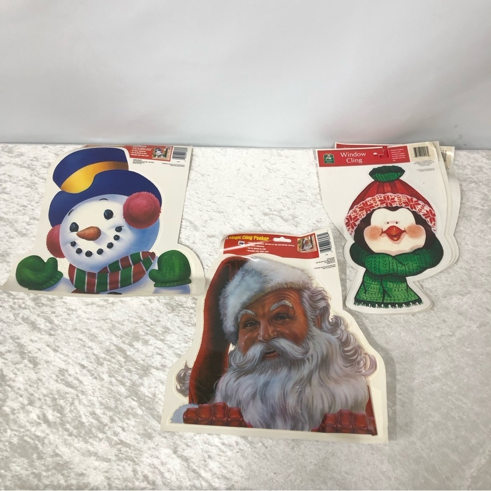 Christmas 2007 window clings Santa Snowman & 3 penguins